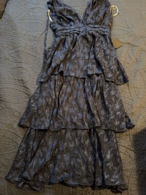 Lulu's Navy Blue Metallic Patterned Dress